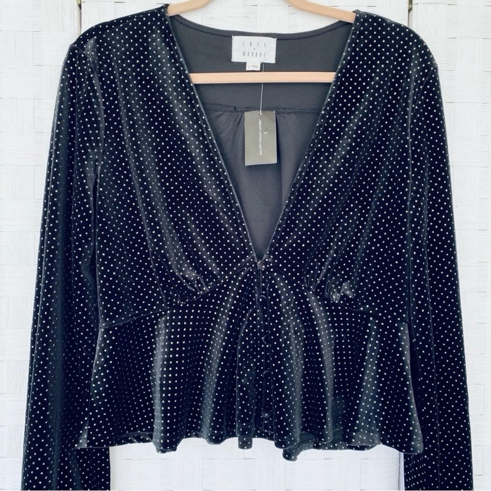 Lost‎ + Wander Peplum Top Women Large Black Gold Velvet Metallic Polka Dot Event